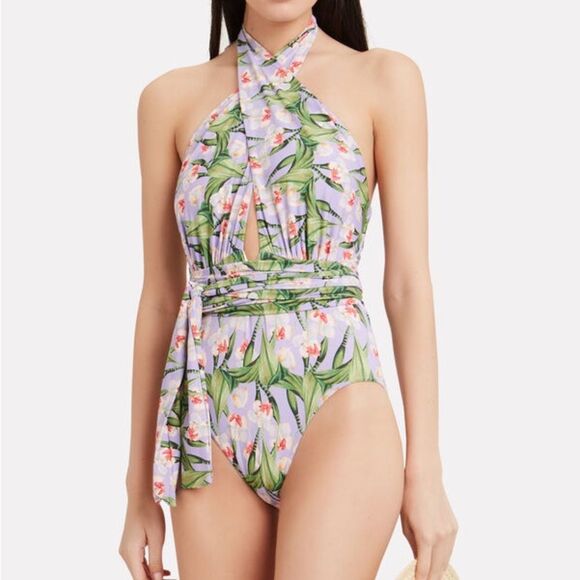 PatBO‎ Floral Cross Front One-Piece Swimsuit Light Purple Size Large NWT - Picture 1 of 9